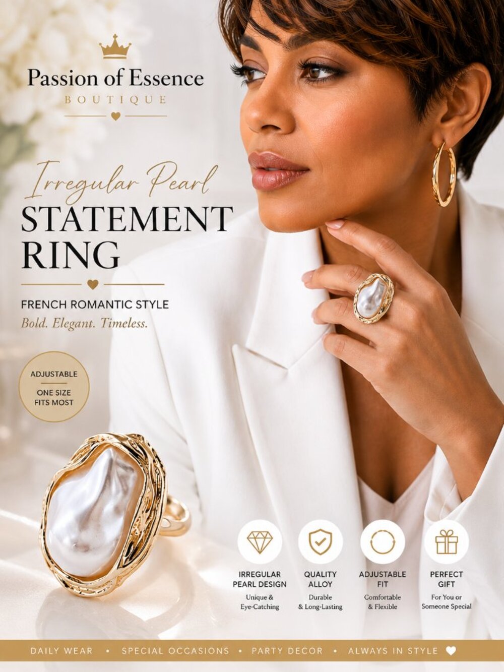 French Style Irregular Pearl Gold Tone Ring
